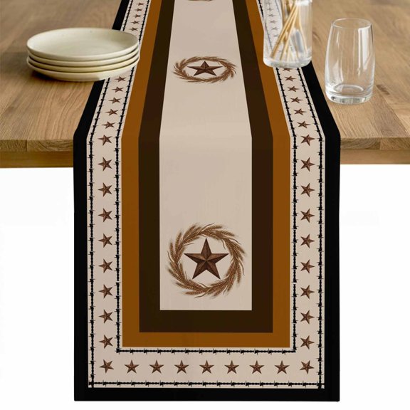 Brown Beige Western Table Runner - 108 Inch Long Vintage Texas Stars Country Wheats Cotton and Linen Blended Dress Scarves Farmhouse Table Runner for Kitchen Dining, Coffee Table, 13" x 108"