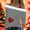 thumbnail image 3 of Uootdi Off The Shoulder Long Sleeve Shirts for Women FuzzyTrim Collar Love Heart Print Graphic Sweatshirt Casual Holiday Tops Gift, 3 of 7