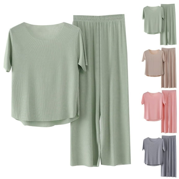 Pajama Sets for Women 2 Piece Pants And Short Sleeve Outfits Summer Casual Pullover Tops & Wide Leg Pants Lounge Sets Loungewear (Blue,XXXL)