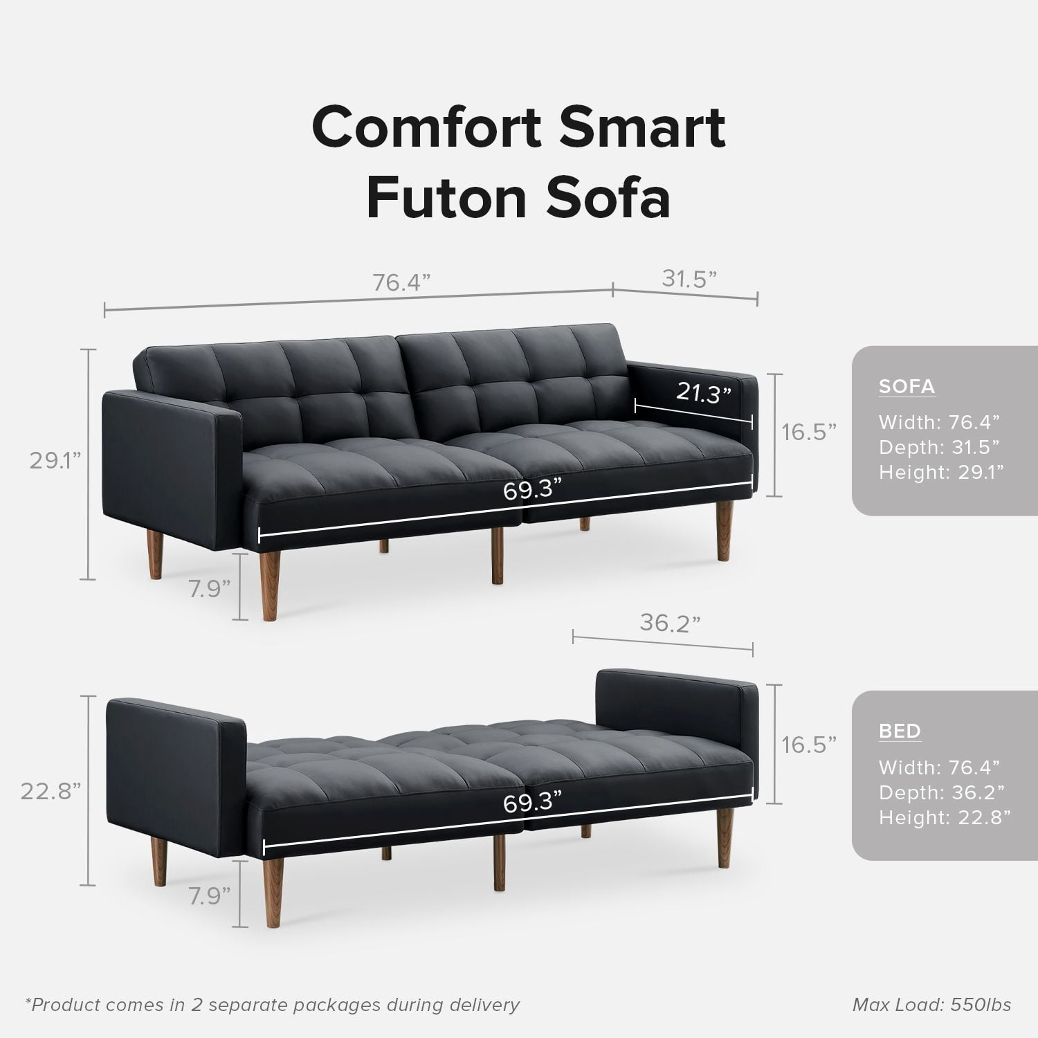 Mopio Aaron Futon Convertible Sofa Sleeper Futon with Arms Split Back Design 77.5" Midnight Black Faux Leather