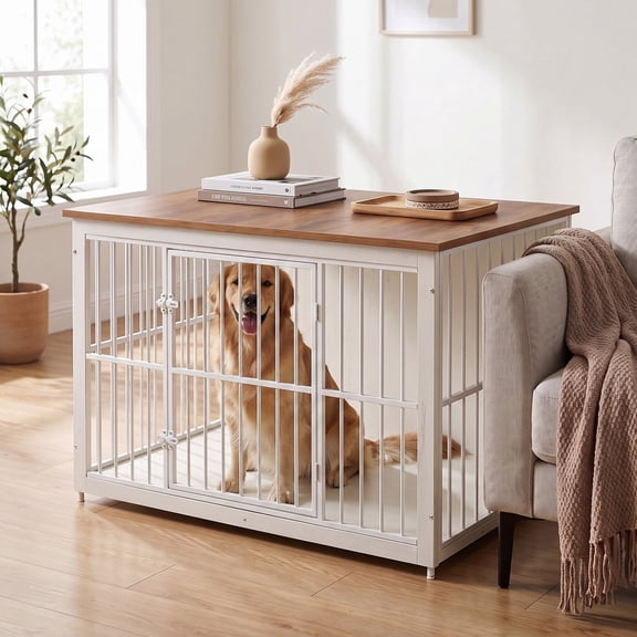LEDREM Wooden Dog Crate Furniture with Double Doors, 48" Kennel Side Table for Large Dogs, Removable Tray, Rustic White & Honey Brown