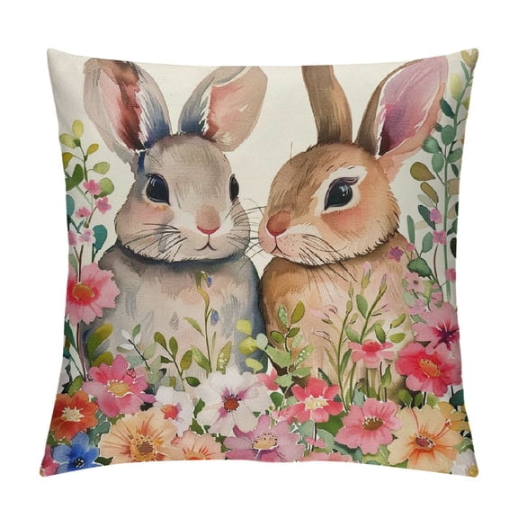 JRXY Easter Rabbit Flower Throw Pillow Cover Spring Summer Bunny Floral Decorative Pillowcase Vintage Farmhouse Animal Pillow Cases for Sofa Chair Patio Bed Couch White