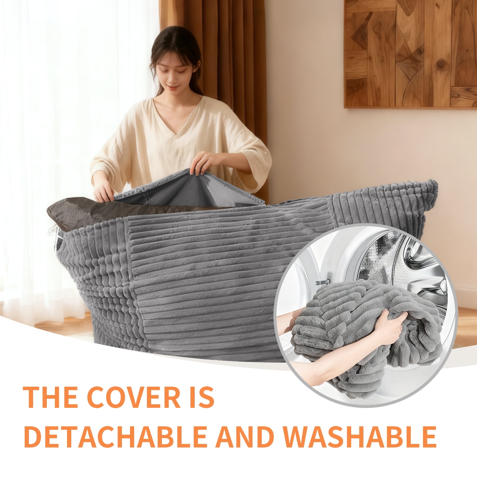 Sanae Jumbo Convertible Bean Bag Chair with Washable Cover, for Adults, Living Room, Bedroom & Den, Light Gray
