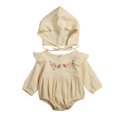 thumbnail image 1 of Baby Girl Cotton Linen  Ruffle Romper with bonnet Hat 2PCS Outfit, 1 of 8