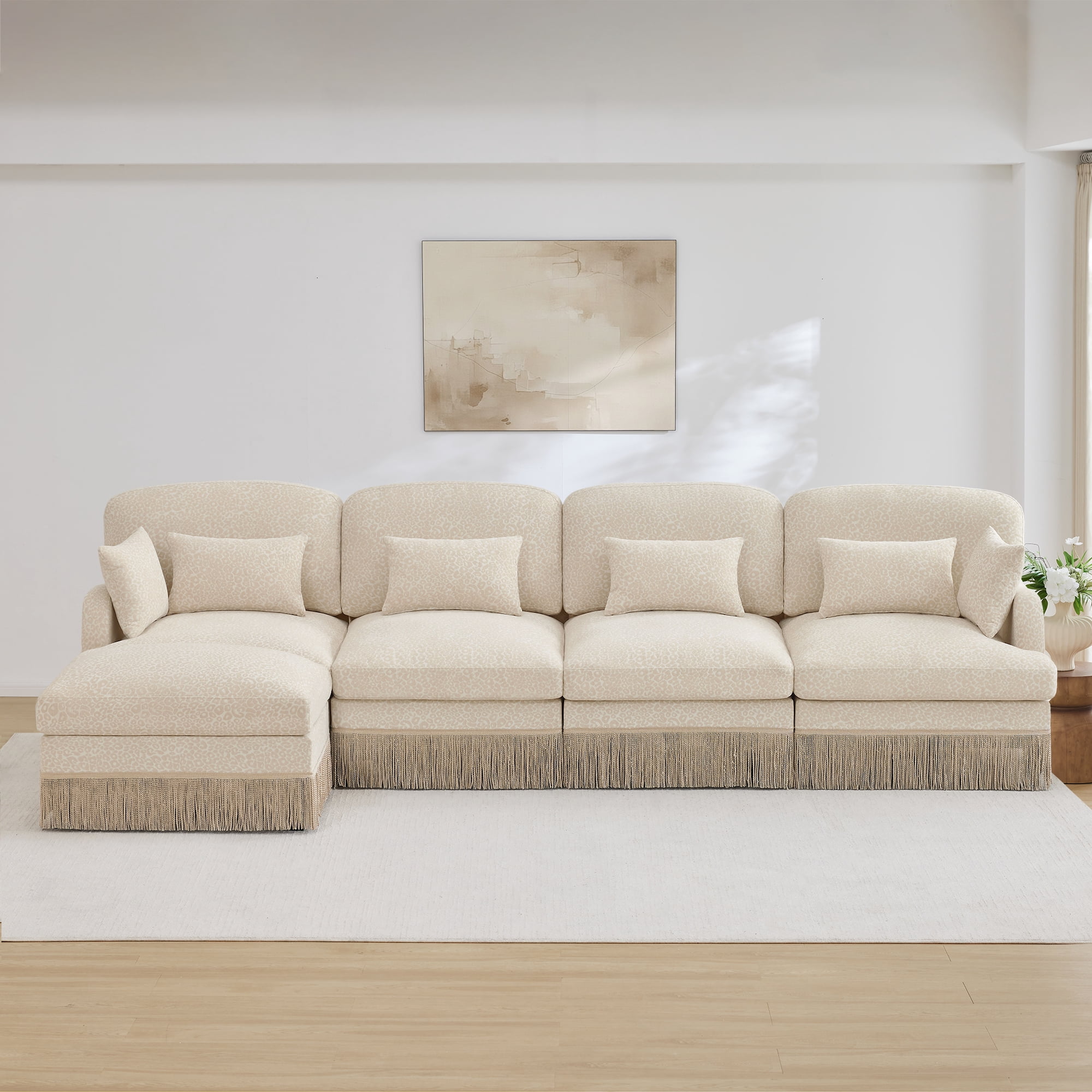 NEW 131" Comfy Chenille Leopard Print L-Shaped Sofa, Delicate Tassel Edge, Movable Ottoman, Ergonomic Design, Easy Assembly, Deep Seat, Beige Coffee