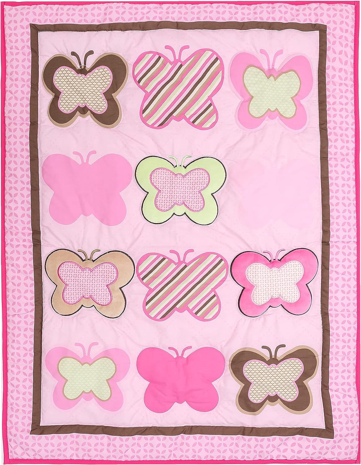 Sweet baba Luxury 4 PC Butterfly Crib Bedding Set, Pink Crib Set for Baby Girls, Microfiber Printed Cotton Nursery Bedding Set Including Comforter/Skirt/2 Crib Sheets