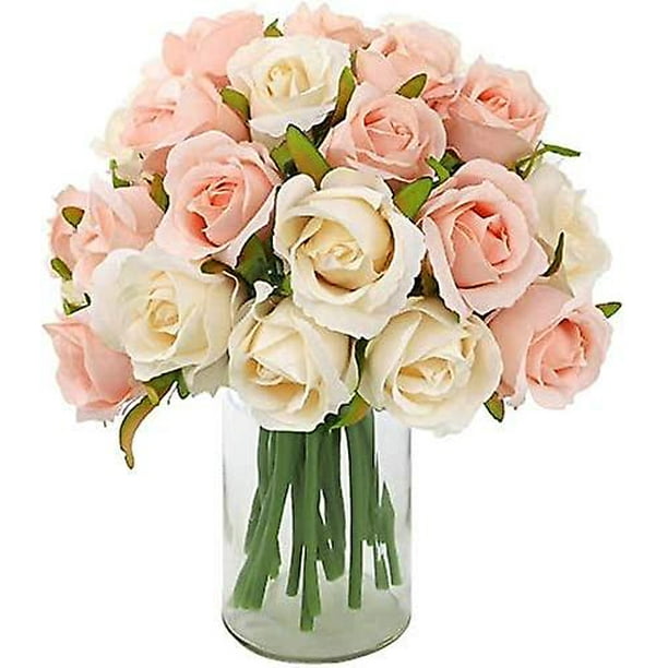 24 Heads Artificial Rose Flowers Bouquet Silk Flowers Rose For Home Bridal Wedding(2 Packs Champagne And Pink)