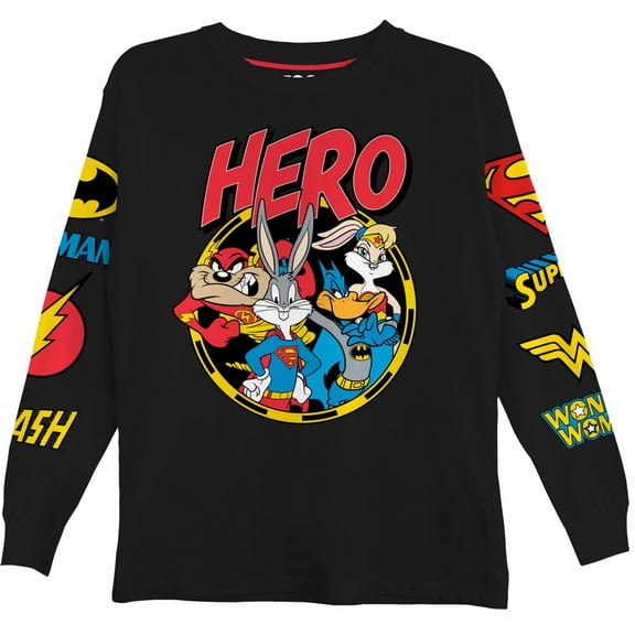 DC Comics Boys Superman Super Hero Long Sleeve T-Shirt, Looney Tunes for Little and Big Boys Sizes 4-20, Black, 18-20