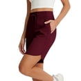 thumbnail image 3 of Frostluinai Women's High Waisted Shorts Yoga Workout Bermuda Long Hiking Shorts with Pockets Tummy Control Athletic Running Shorts Wine M, 3 of 7
