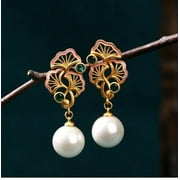 Jade Enamel Pearl Dangle Earrings Boho Flower Dainty Gemstone 18K Gold Plated