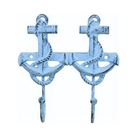 Handcrafted Decor K-0720-blue Rustic Dark Blue Whitewashed Cast Iron Decorative Anchor Hooks, 7 in.
