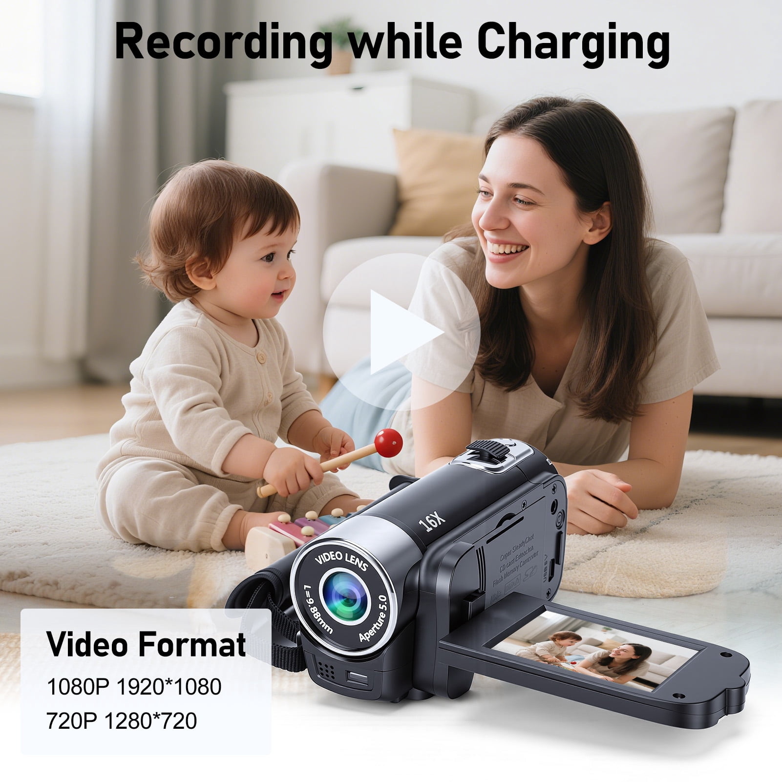 Camcorder Video Camera, Digital Camera 1080P 16X Digital Zoom Cam Corder with Built-in Battery, 2.7" Colourful Rotatable Screen Webcam Anti-Shake 16MP Vlogging Camera for YouTube & Beginner, Black