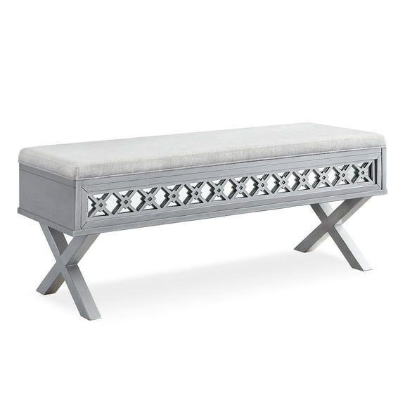 Leick Home 10142-SV Mirrored Diamond Filigree X Base Lift Top Bench with Storage for Bedroom or Foyer, Silver Leaf