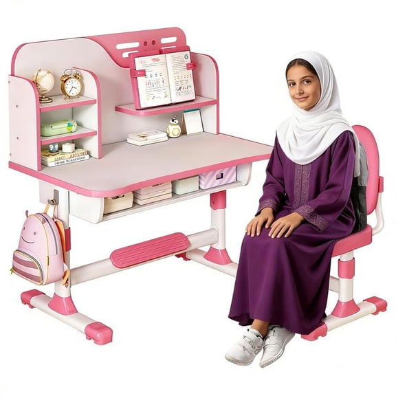 YNCE Kids Desk and Chair Set, Height Adjustable Kids Art Desk, Ergonomic Study Table for Kids, Childrens Table and Chair Set with Cartoon Pattern, Drawer, Bookshelf, Spacious Table for Kids