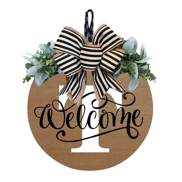 Ionze - Corona para puerta de entrada, decoración para todo el año (2024), letrero de bienvenida, 26 letras, para exteriores, para colgar en la puerta de entrada, corona de madera, accesorios para el