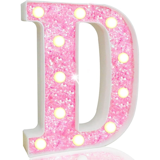 Pooqla Luces LED para Marquesina, Letra del Alfabeto con Purpurina Rosa iluminada, Letrero E, Funciona con Pilas para luz Nocturna, Fiesta de cumpleaños, Boda, Regalos para niñas, decoración navideña