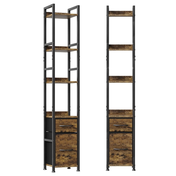 Bookshelf 6 Tier Ladder Bookcase with Drawers Narrow Storage Shelf Industrial Display Rack for Home Office, Bedroom, Living Room