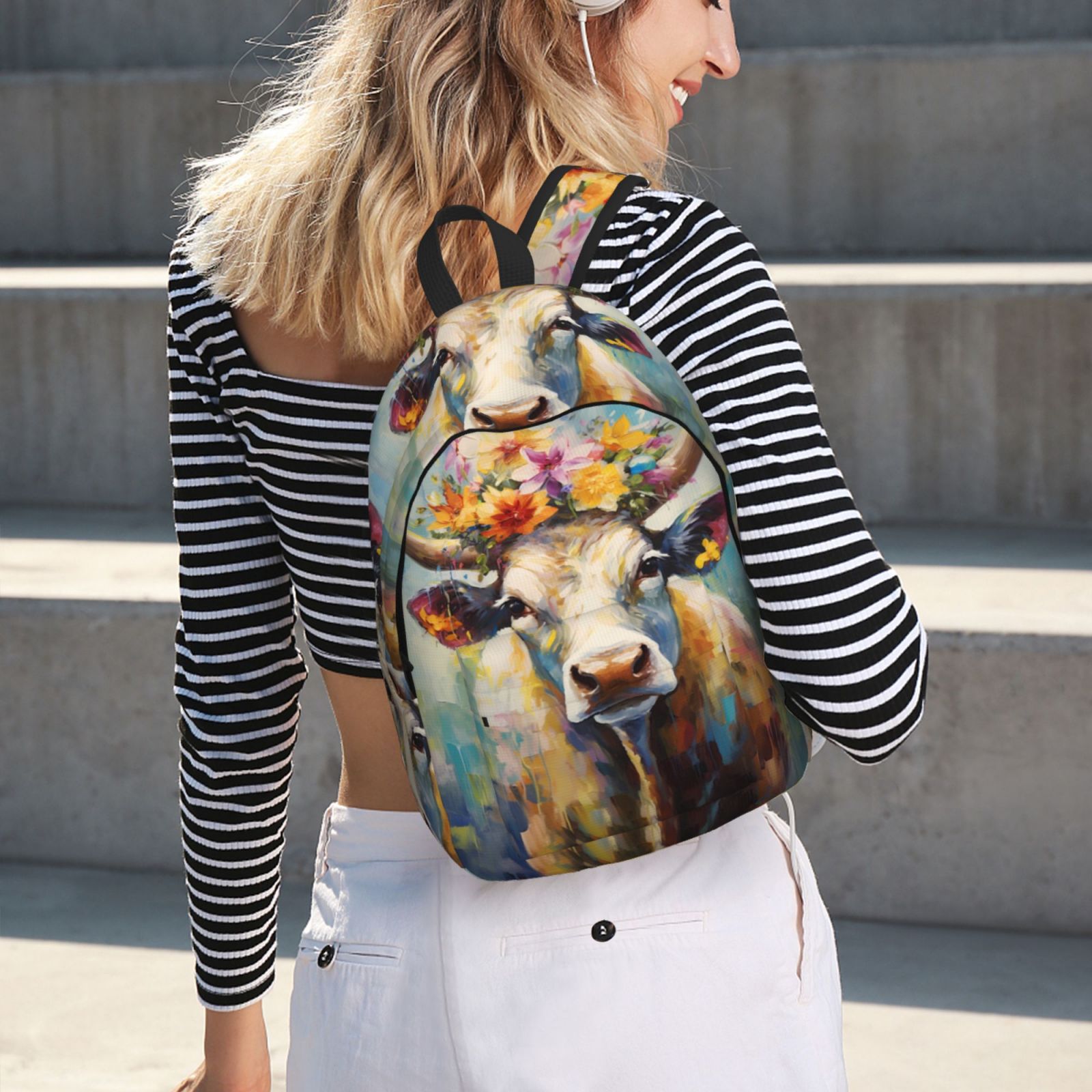 Picia Oil Painting Flower Cow Printed Canvas Daypack - Stylish and Durable Vintage Compact Backpack - Class, Work, Travel, or Laptop Bookbag,Organized Compartments-Small