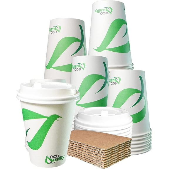 12 oz Compostable Paper Cups with White Dome Lids and Sleeves - Biodegradable Disposable White Paper Coffee Cups PLA Lined - Eco-friendly Hot and Cold Drinking Cups (50)