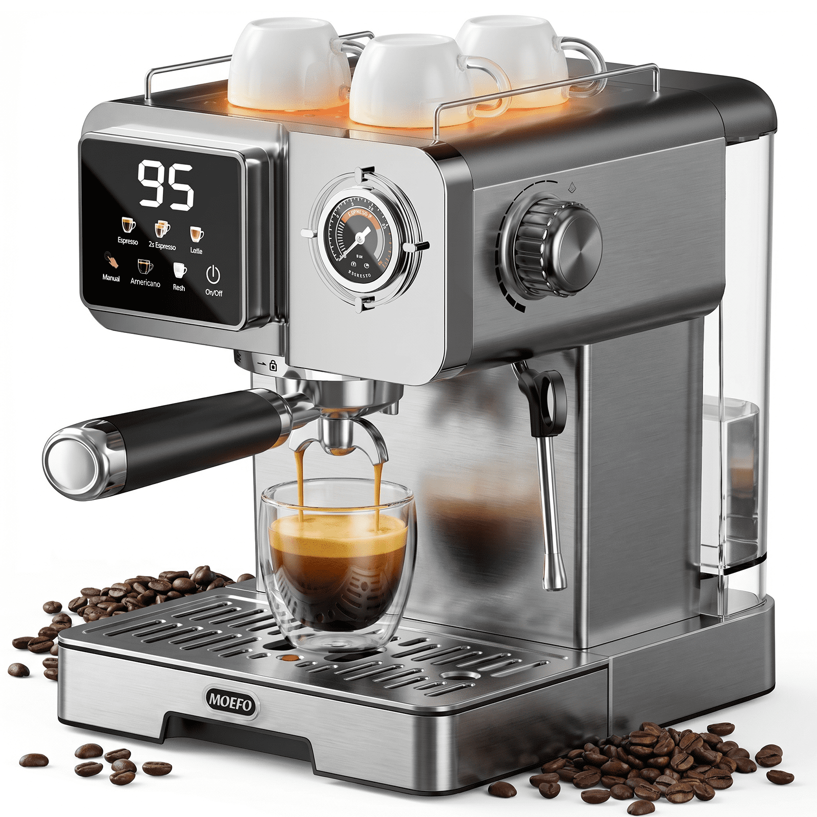 MOEFO 58mm Espresso Machine with Milk Frother, 20 Bar Semi-Automatic Coffee Maker, Visual Pressure Gauge & Touchscreen LCD Display, Professional Home Espresso Machine for Latte & Cappuccino, Silver