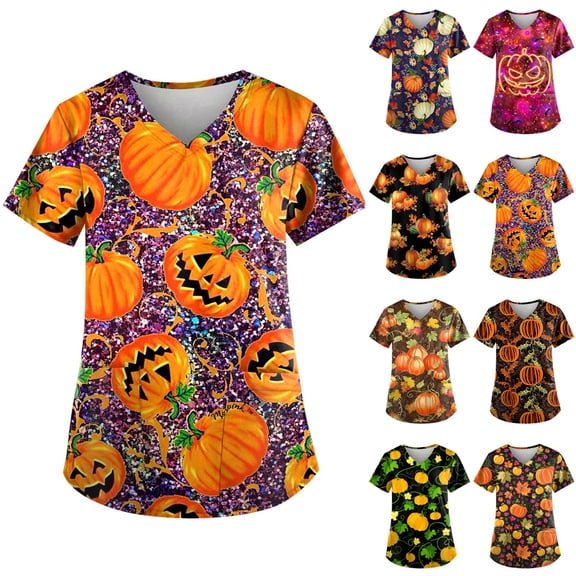 Halloween Scrub Tops for Women V Neck Pumpkin Printed Uniform with Pockets