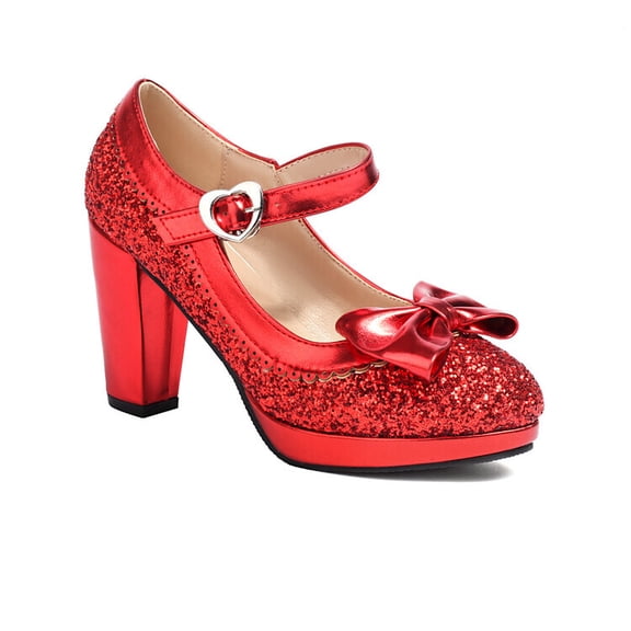 SACFOF Women's Sequins Glitter Mary Jane Shoes Shine Sparkly Vintage Chunky High Block Heel Women Pumps with Bow and Ankle Strap Rockabilly Cosplay Kawaii Marriage Mary Jane Dress Pumps
