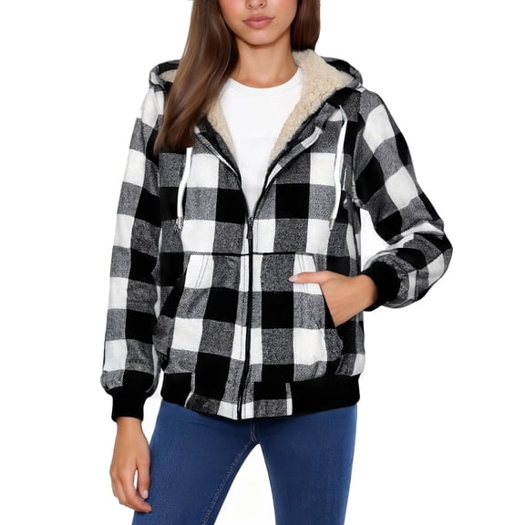 Women's Fleece Lined Plaid Hoodie Jacket Full Zip Up Long Sleeve Cardigan Coat with Pockets Black XL