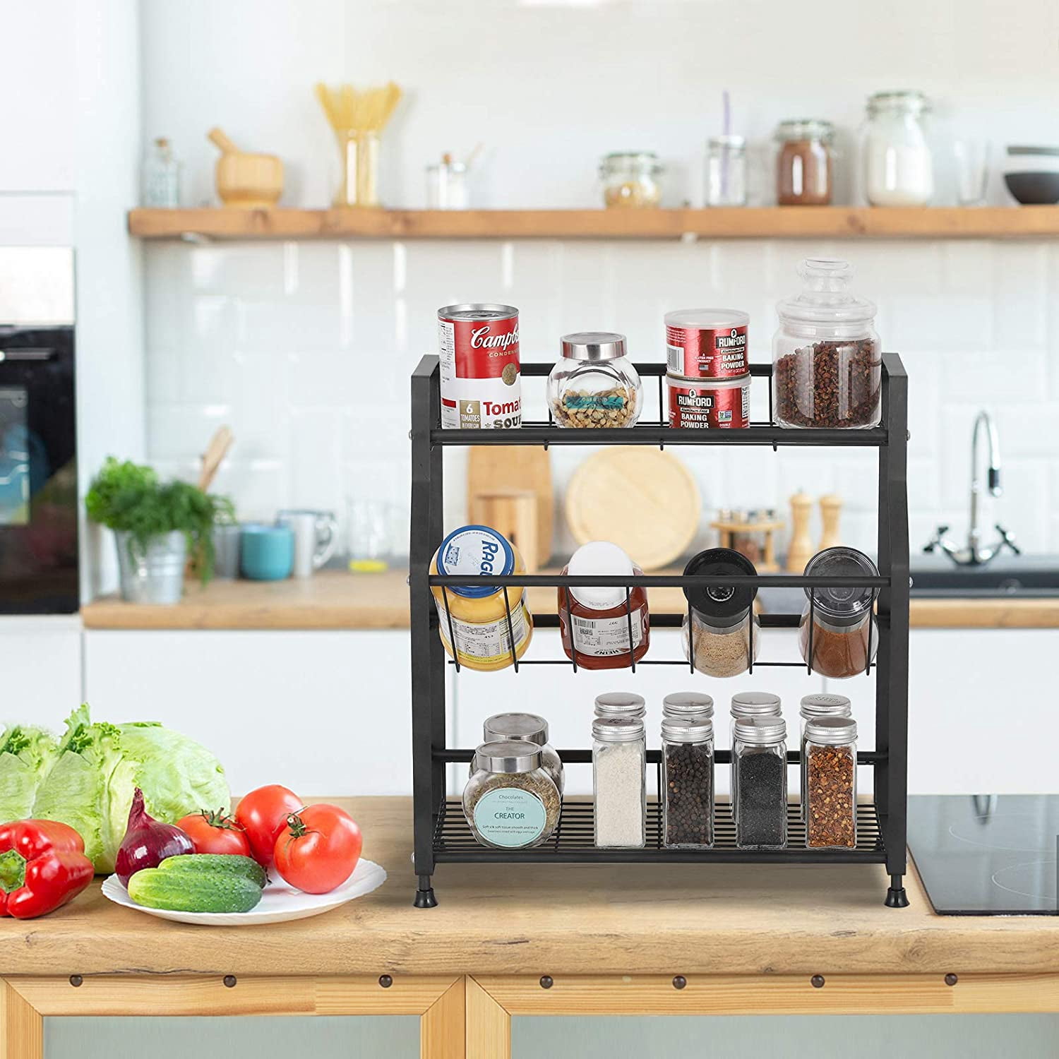 Oumilen 3 Tiers Spice Rack Organizer Freestanding Kitchen Metal Spice Holder Storage, Black