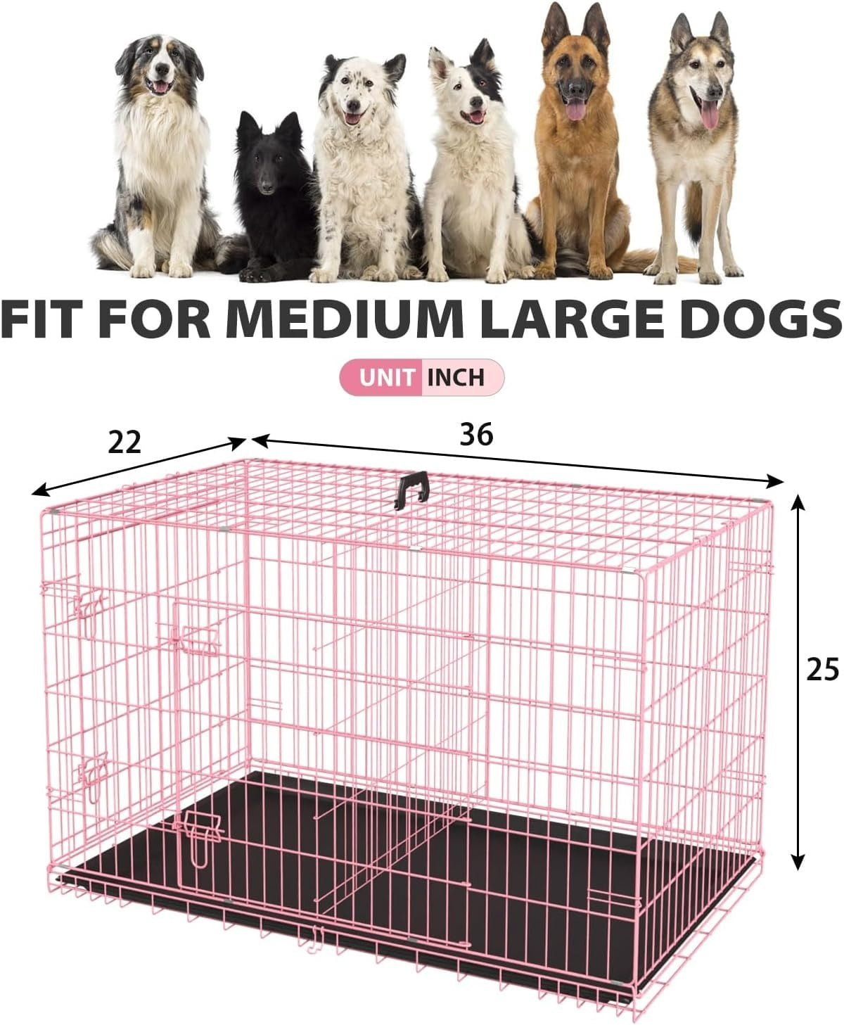Extra Large Dog Crate Dog Kennel Cage with Double Door,30 inch Folding Metal Wire Dog Cage with Removable Tray&Divider Panel,Pet Crate for Large Dogs,Pink