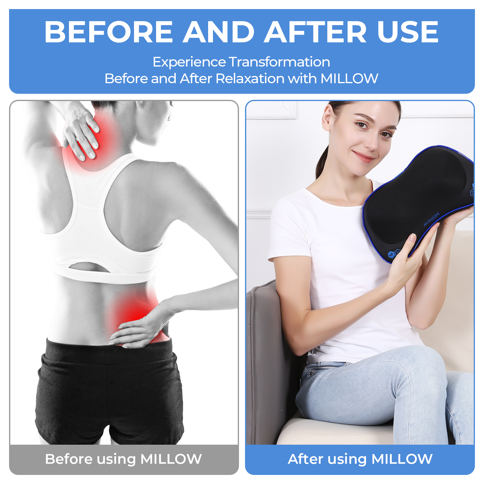REATHLETE Millow Rectangular Neck Massager with Heat, Cordless Shiatsu Back Massage Pillow