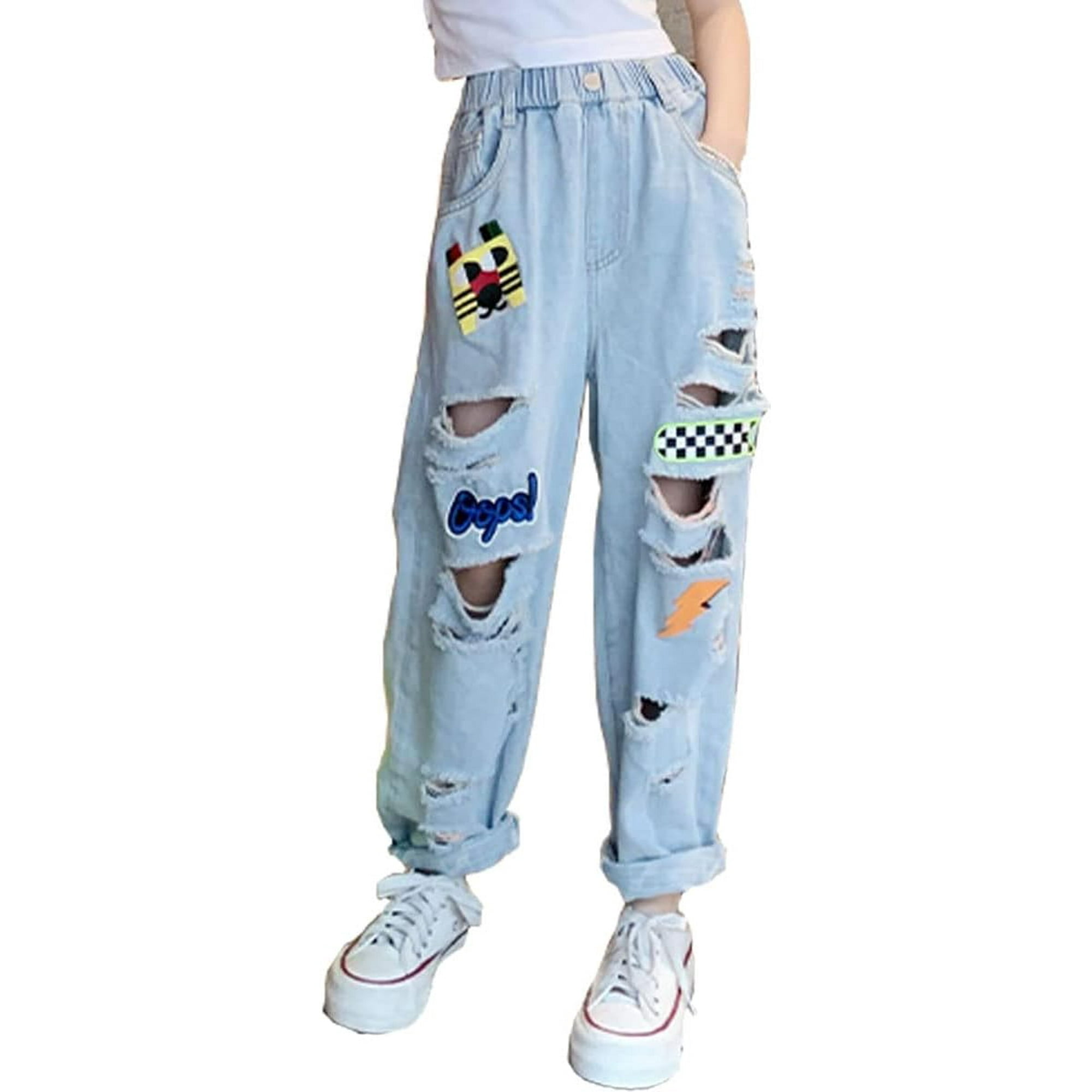 okado 4 14 yrs Kids Girls Jeans Smile Print Colors Ripped Distressed Denim Pants Elastic Waist Baggy Trousers Light Blue 12 13 Years Walmart