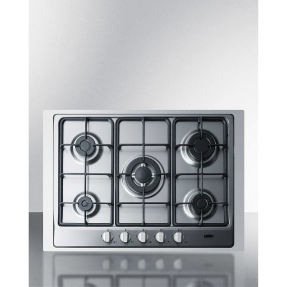 5-burner gas cooktop made in Italy in stainless steel finish with sealed burners, cast iron grates, wok stand, and stainless steel frame to allow installation in 30" wide counter openings