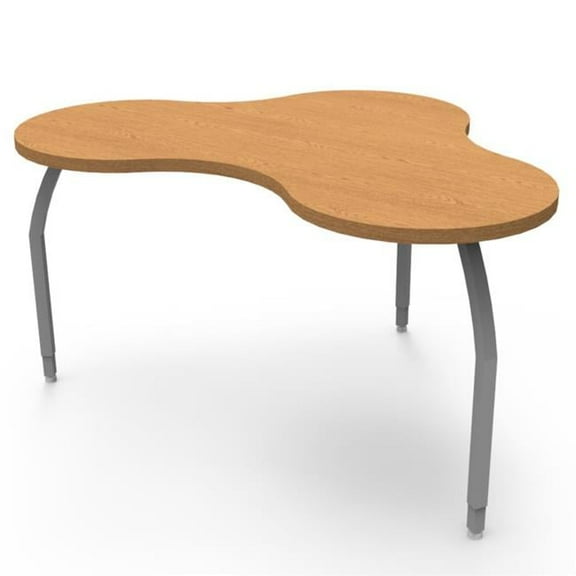 Elo Nimbus Table, Bannister Oak Laminate & Banding with 3 Junior Adjustable Smooth Silver Legs - 21-26 x 55.5 x 39 in.