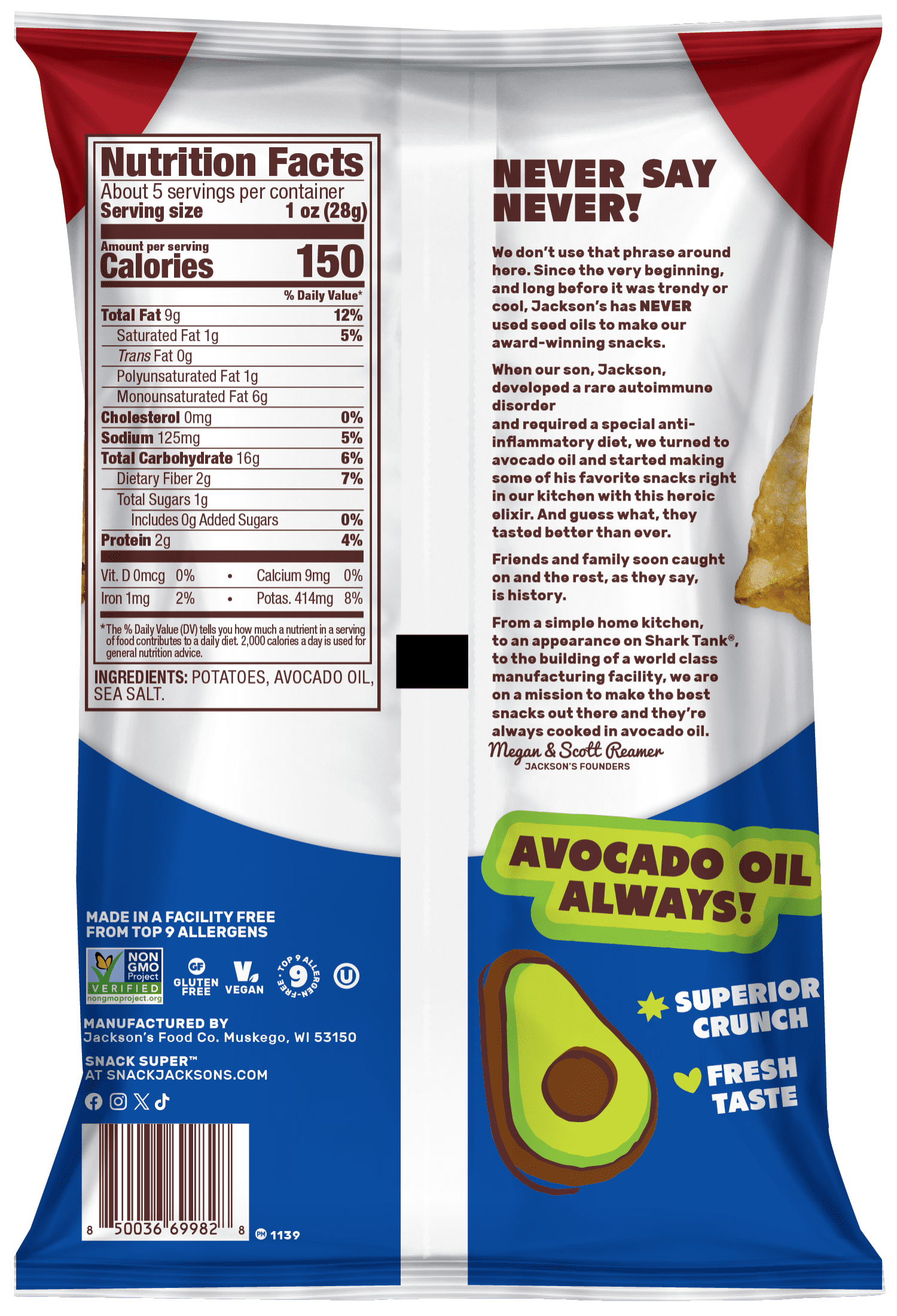 (3 pack) Jackson’s Classic Potato Kettle Chips with Sea Salt, Avocado Oil, Free of Top 9 Allergens, 5 oz