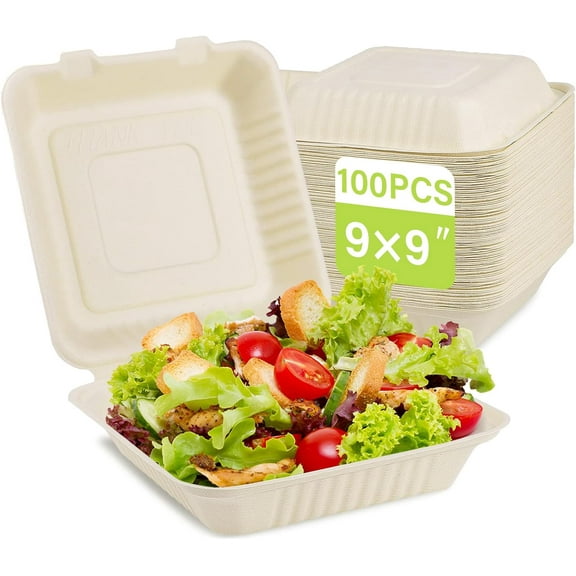 100-Pack Compostable, Disposable 9"x9" Sugarcane Fiber Take-Out Containers, Clamshell, 9" x 9" x 3", Off-White