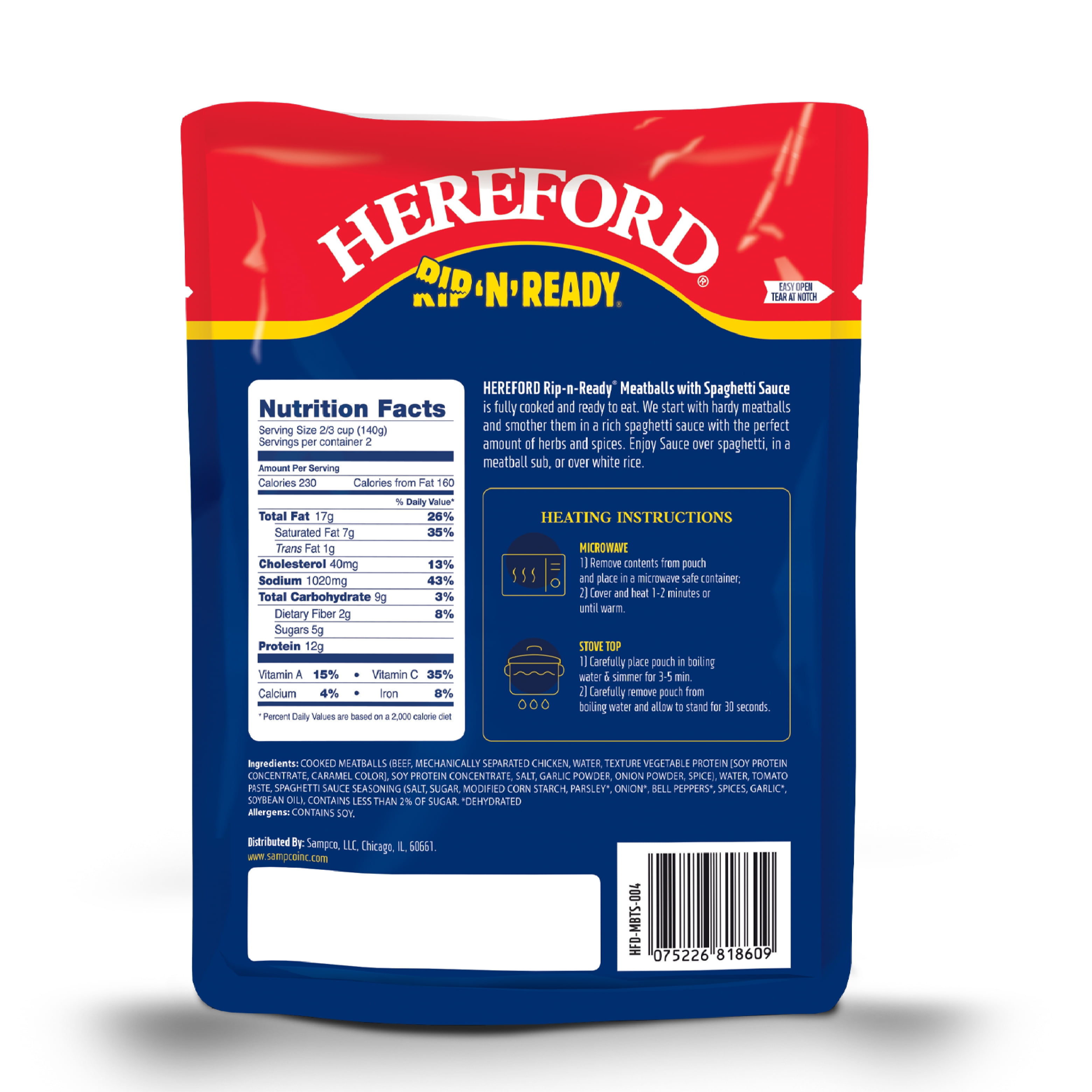 Hereford Meatballs with Spaghetti Sauce, Fully Cooked, Shelf Stable, 10oz Pouch (Case of 6)