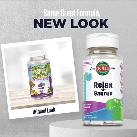 KAL Relax-a-Saurus, Stress Support Supplement for Kids, L-Theanine for Children with Herbal Stress Relief & Relaxation & Blend, Delicious Natural Grape Flavor, 60-Day Guarantee, 30 Chewables