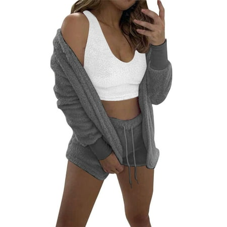 

Summer Simple Women Shorts Suit Womens Wear Winter Plush Home Wear Casual 3 Piece Pajamas Long Sleeved Shorts Sports Suit