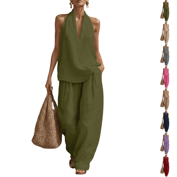 Linen Sets for Women 2 Piece Outfits Summer Sleeveless V Neck Halter Tops Matching Baggy Wide Leg Pants Lounge Sets Army Green S