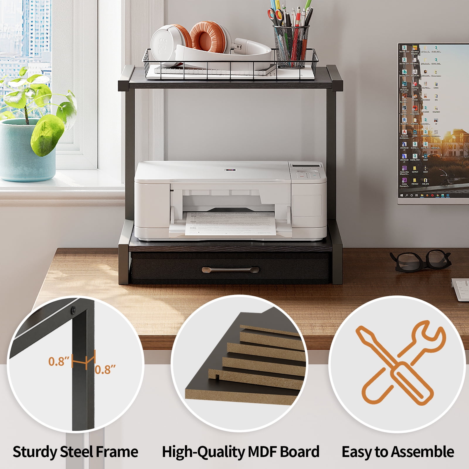 MIN EN WIN 2-Tier Monitor Stand Riser with Fabric Drawer, Sturdy Desk Organizer for Adult Home Office
