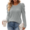 thumbnail image 2 of Women's Crew Neck Long Sleeve Top, Solid Ribbed Cuff Casual Blouse,M,Women's Plus Size, 2 of 7