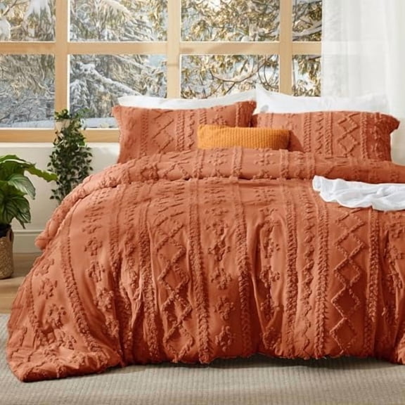 Tufted Boho Comforter Set Full Size - Terracotta Boho Bed Set, GentleSoft™ 3 Pieces Farmhouse Shabby Chic Embroidery Bedding, Gifts for Woman, Soft Jacquard Full Comforter for All Seasons