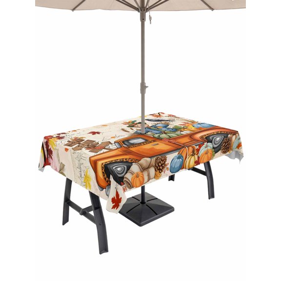 Outdoor Tablecloth with Umbrella Hole and Zipper, Fall Thanksgiving Rectangle Table Cloth 60x84 Inch Waterproof Tablecloth, Orange Maple Leaf Pumpkin Scarecrows Picnic Table Cover for Patio Camping