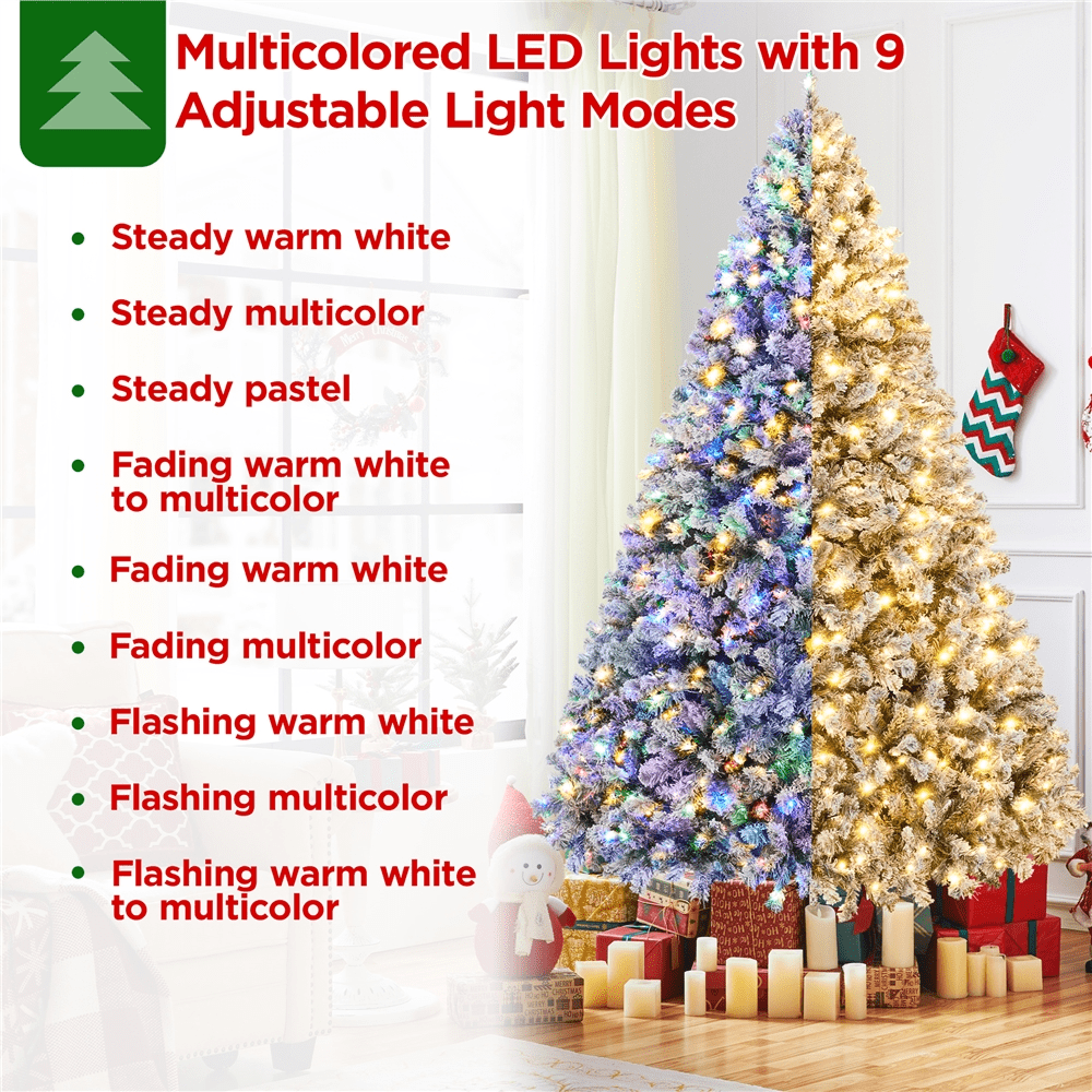 Alden Design 9 Ft Pre-Lit Flocked Artificial Christmas Tree with Foldable Stand, Green