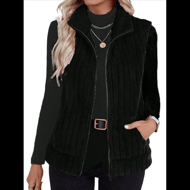 Chaleco Acolchado Sin Mangas para Mujer, Chaqueta con Cremallera, Abrigo de Moda para Otoño y . Negro L