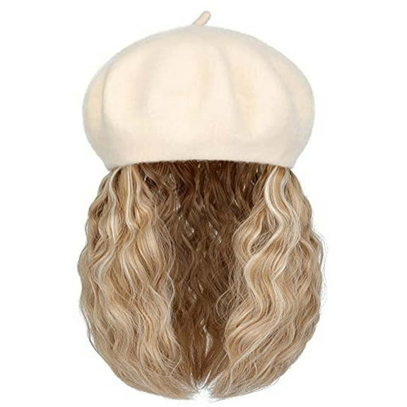 YEKEYI Wig Hat Wool Berets Extensions Stretchable Solid Cap Attached with Hair Curly Bob Synthetic Hairpiece Cap