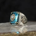 thumbnail image 3 of Vintage Tribal Texture Inlaid Aquamarine Zircon Ring Mens Geometric Alloy Band With Electroplating Durable Shine, 3 of 3