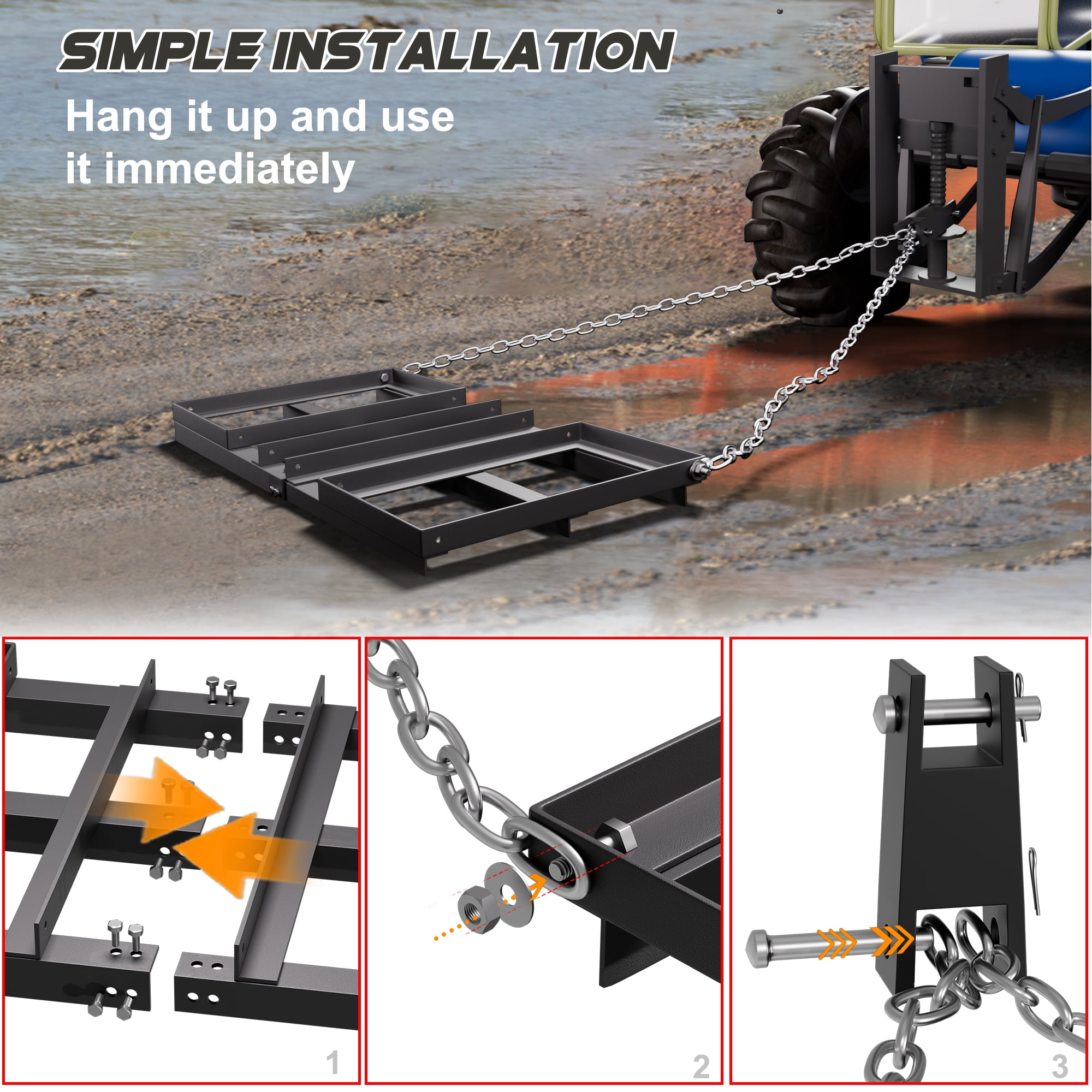 HOHYN Drag Harrow, 48in Heavy Duty Tow Behind Drag Harrow with Adjustable Bars & 49.2in Chain, 20.3in Wide Driveway Grader Landscape Rake for ATV, Tractor, Mower Tow Behind Yard Lawn Leveling Tool