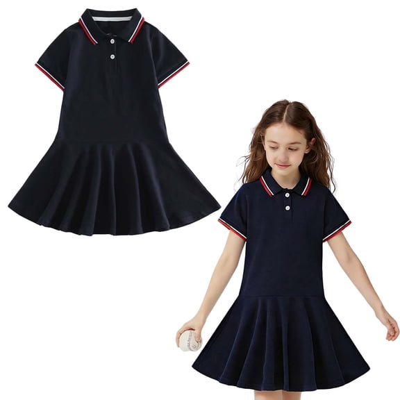 Girl Uniform Dress Short Sleeve Pleated Polo Dress Navy Tennis Dresses Little Girls Dresses 3-4 Years