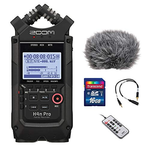Zoom H4n Pro All Black 4-Track Portable Recorder (2020 Model) with Windscreen, Mic Attenuator Cable, 16GB Memory Card & Remote Control Bundle